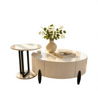 Table basse compacte de salon avec plateau en verre trempé, deux pièces séparées, tiroir coulissant silencieux ovale blanc brillant, fournie par OEM