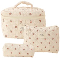 Vente flash : Trousse de maquillage en toile à carreaux bleus légers pour femmes, fermeture éclair, petite pochette florale pour les voyages, mignonne et pratique