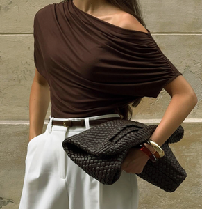 Viviblook J26TP019 – Nouveau T-shirt plissé uni à épaules dénudées et taille cintrée pour femme, idéal pour l'été - Product Image 2