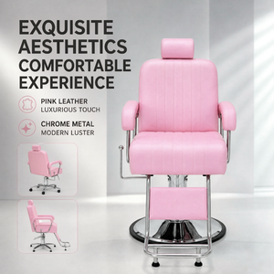 Pink Leather Hydraulic Barber <b>Chair</b> <b>Reclining</b> Salon <b>Chair</b> with Footrest Electroplated Metal for Hairdressing Beauty Salon - Product Image 4