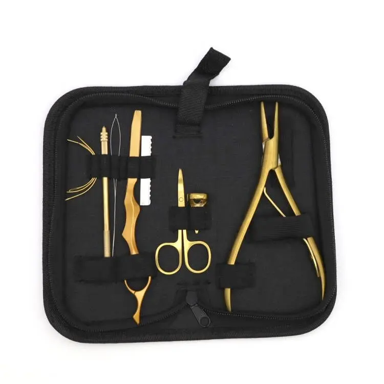 ARLANY Shiny Gold Stainless Steel High Quality Hair Extension Pliers Tools Kit Set With Clips, Needle, Scissor and Tape in plier