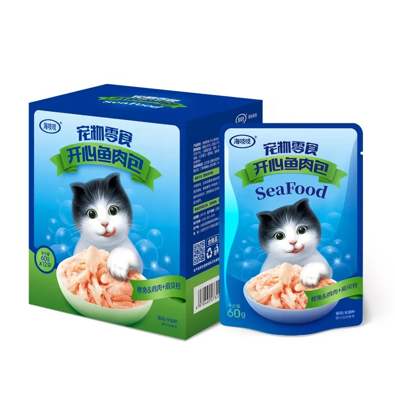 Moq rendah makanan kucing Tuna kepiting ayam kantong makanan kucing meningkatkan tumbuh Protein tinggi makanan kucing basah Halal