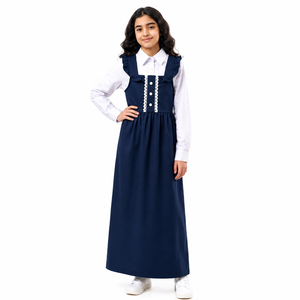 Robe d'uniforme scolaire en coton à manches longues pour filles, bleu marine, avec chemisier blanc à col, tenue scolaire modeste, vente en gros - Product Image 1