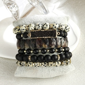 Conjunto de Pulseras de Piedras Preciosas Negras de Estilo Bohemio, Unisex, con Cuentas de Jaspe Dalmático, 6 Piezas - Product Image 2