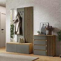 Armoire de couloir moderne en chêne et graphite avec commode, banc miroir et panneau de porte-manteau