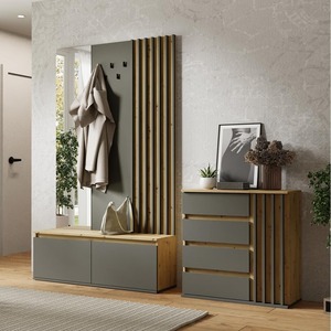 Juego de armario moderno para pasillo de roble y grafito <span class=keywords><strong>con</strong></span> cómoda, Banco de espejo y panel de <span class=keywords><strong>perchero</strong></span> - Product Image 1