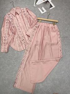 Venta caliente estilo de dos piezas de mujer otoño moda hueco encaje Patchwork camisa de manga larga de cintura alta adelgazamiento pantalones de pierna ancha - Product Image 3