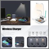 Lampe de bureau multifonctionnelle 15W avec chargeur sans fil, réveil numérique, double port de charge rapide et porte-stylo