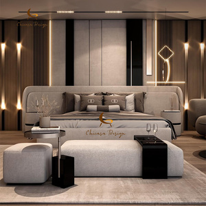 Luxury Modern Italian Bedroom <b>Bed</b> Furniture Set Solid Wood Leather <b>Platform</b> Light Grey Wooden <b>Frame</b> Fabric - Product Image 3
