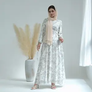 패션 우아한 두바이 꽃 무늬 옷을 입은 Abaya 이슬람 의류 여성 쉬폰 겸손한 이슬람 캐주얼 드레스