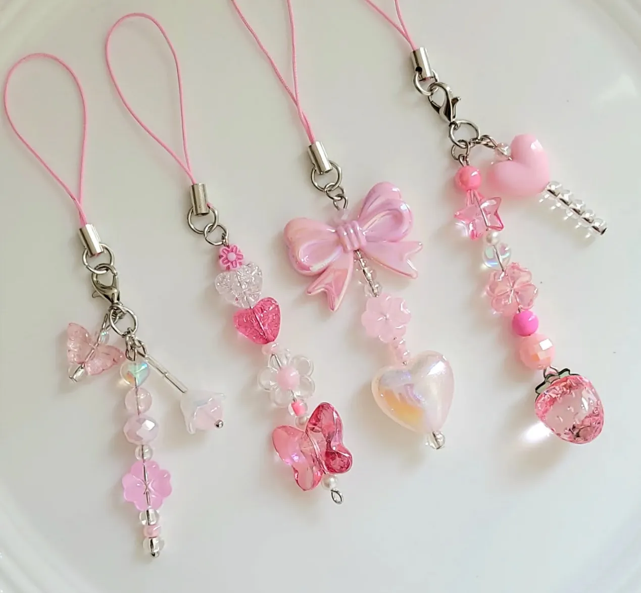 heart charm Butterfly bow strawberry cell phone strap keychain cute acryl for hanging mobile lanyard phone key chain Accessories