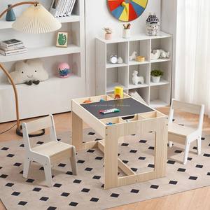 Ensemble de table et de chaises pour enfants modernes et carrées avec compartiment de rangement à double face, meubles pour tout-petits en bois écologiques - Product Image 6