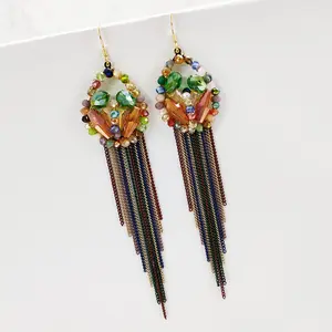Fashion Jewelry Bohemian Summer Boho Long Chain Handmade Ethnic Colorful Crystal Stylish Tassel Hanging Drop Earrings for Women
