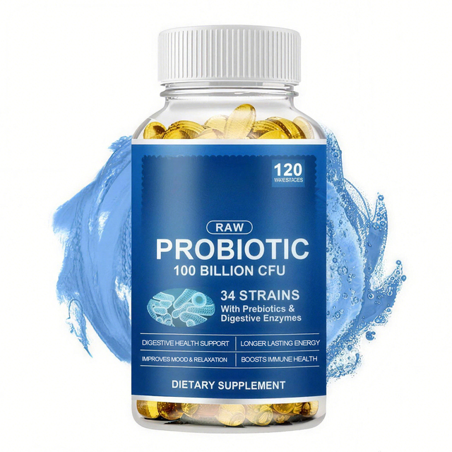 Raw Probiotic Capsules 100 Billion CFU 34 Strains With Prebiotics Enzymes Dietary Supplement 120 Softgels