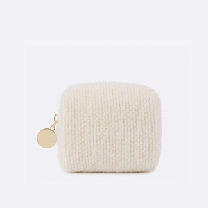 Ivory Knit Cube <b>Mini</b> Cosmetic <b>Pouch</b> with Gold-Tone Zipper for Daily Makeup and Small Beauty Item Storage - Product Image 1