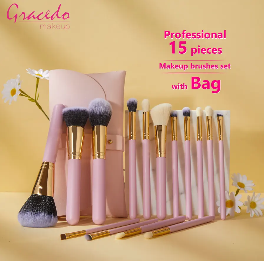 Gracedo conjunto de pincéis de maquiagem, conjunto de pincéis de maquiagem premium com 15 peças, pincéis de base, blush, corretivo, sombra, sobrancelhas, rosa