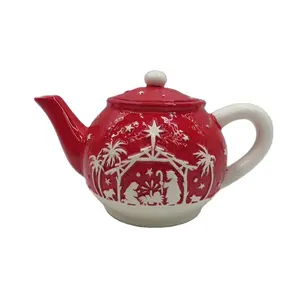 Théière <span class=keywords><strong>de</strong></span> Noël artisanale en terre cuite peinte, Scène <span class=keywords><strong>de</strong></span> <span class=keywords><strong>la</strong></span> Nativité - Product Image 1
