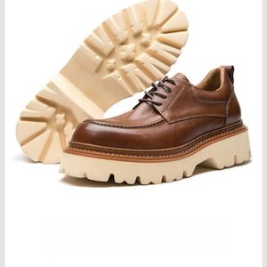 Men's High End Cowhide Business Casual Leather Shoes Outdoor <b>Platform</b> Low Cut Lace up Work Shoes Height Increasing Autumn - Product Image 6
