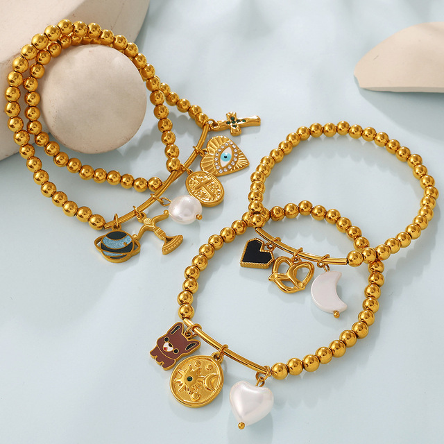 Hypoallergenic Trendy Fashion Stainless Steel 18K Gold Plated Geometric Bead Cross-Eye Pendant Charm Bracelet for Party