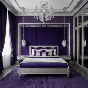 ロイヤル5つ星ホテル寝室セット ディープパープルアメジストベルベットヘッドボード シルバーハードウェア クリスタルシャンデリア OEMカスタムスイート - Product Image 6