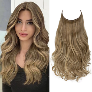 Extensions de cheveux blondes synthétiques à ondulations naturelles, à clipser, avec fil invisible, résistantes à la chaleur, pour femmes, vente en gros - Product Image 1