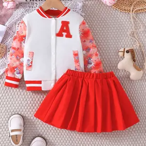 뜨거운 판매 절묘한 가을 봄 소녀 세트 단단한 긴 소매 유니콘 코트 + 빨간 주름 치마 패션 소녀 스커트 세트