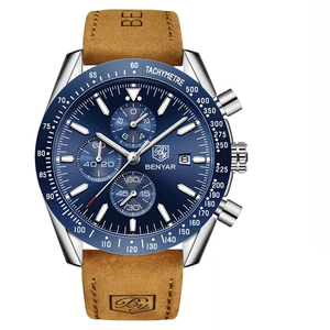 Benyar-reloj de cuarzo de cuero para hombre, cronógrafo deportivo con calendario de seis agujas, esfera grande azul, oro rosa, gran oferta - Product Image 3
