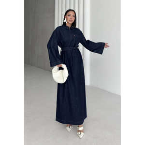 Vestido largo vaquero con cinturón, cuello vuelto, lavado oscuro, estilo camisero, cruzado y con lazo, azul marino para mujer - Product Image 1