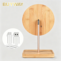 Miroir de maquillage LED en bambou écologique avec base de rangement dissimulée, rechargeable par Type-C, miroir de vanité rond pour les voyages et les dortoirs