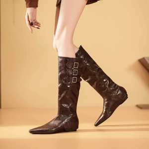 Knee-High Western Boots <b>Pointed</b> <b>Toe</b> <b>Flat</b> Heel 1cm Height Increasing Buckle Decor Solid Color Women's Fashion Boots - Product Image 2