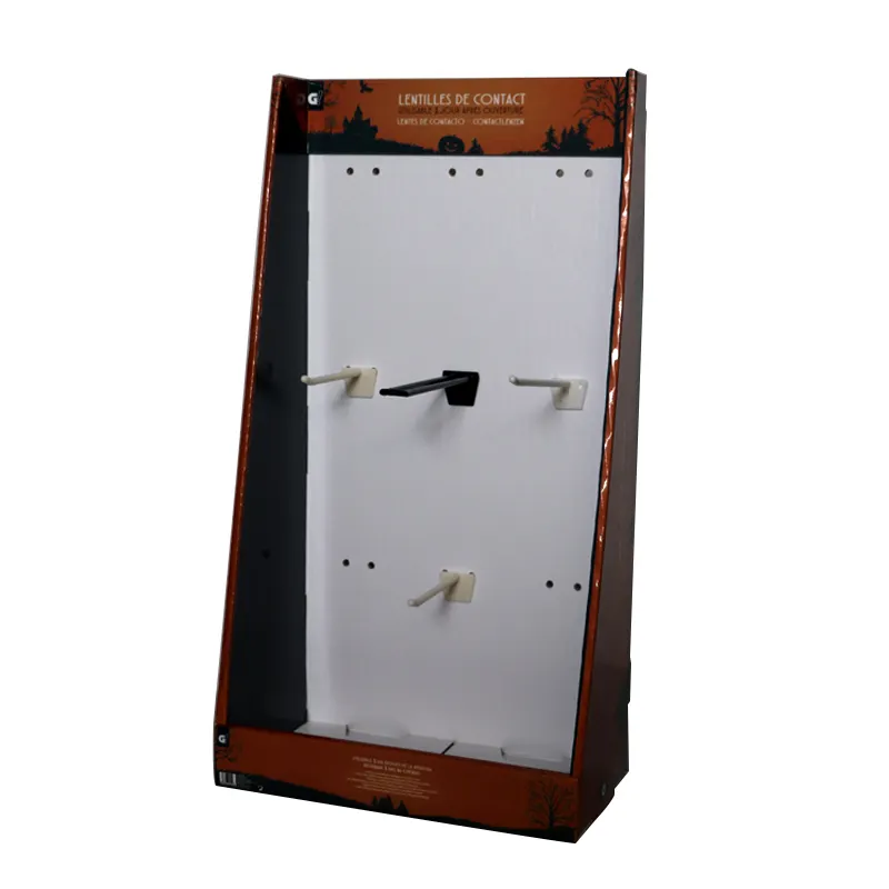 Retail Promotion Free Standing Point of Sale Die Cut Corrugated Cardboard PDQ Display with plastic hooks for components