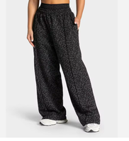 Pantalon de jogging large personnalisé avec étiquette imprimée et passepoil léopard noir, en coton respirant pour femme