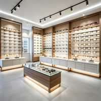 Étagère murale de luxe pour lunettes optiques avec éclairage LED, cadre en bois, dessus en verre, vitrine îlot, tiroir verrouillable