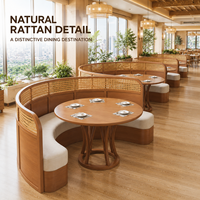 Banquette à dossier haut avec dossier en rotin et assise crème, table ronde en bois avec chaises et tables à piétement en bois pour la restauration et l'hôtellerie