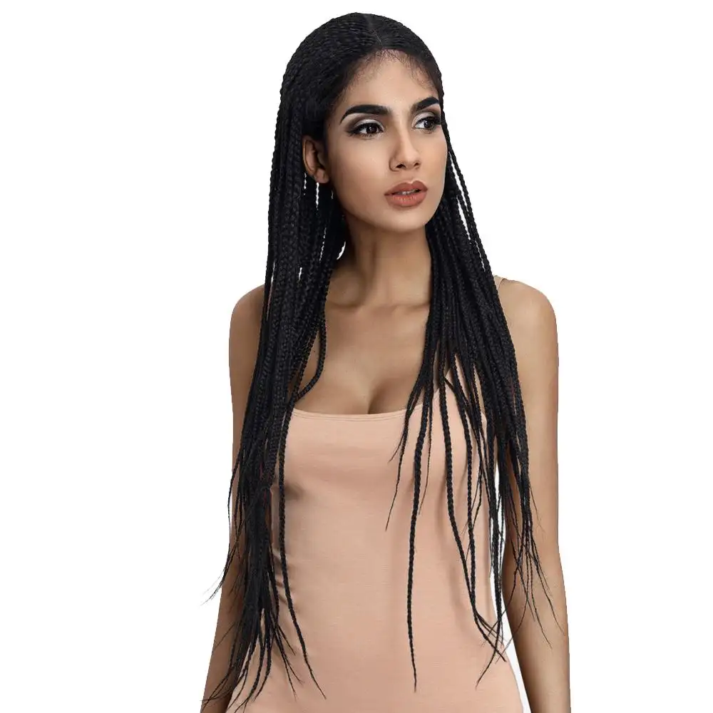 Sleek natural 33 Inch Long Box Braided baby hair with closure 360 natural heat resistant full frontal lace front synthetic wigs