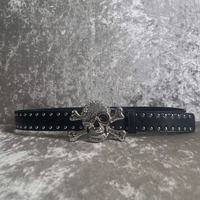 Ceinture en cuir unisexe de style western cowboy, embossée, vintage, de style européen et américain, ornée de rivets en alliage, de crânes et de strass, style punk