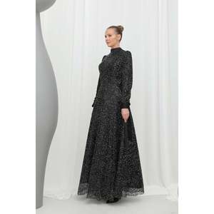 Robe de soirée élégante pour femme, col montant, taille empire, coupe trapèze, en organza, avec superposition transparente, longue robe bleu marine - Product Image 2