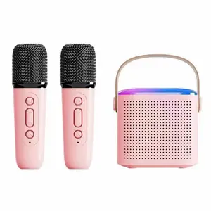 NOUVEAU Mini machine de karaoké portable sans fil BT Speaker 10W HIFI Player with 2 Wireless Microphone with RGB LED Light