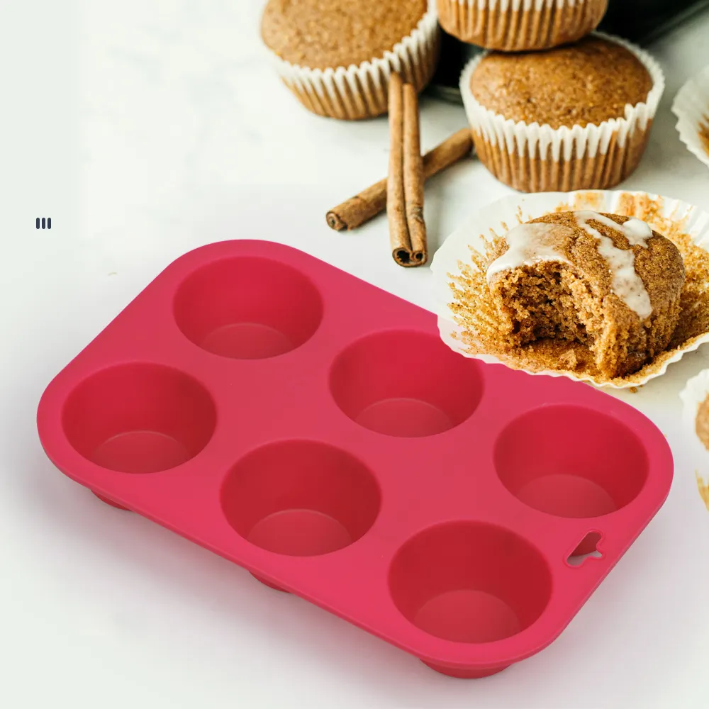 재사용 가능한 100% 실리콘 Bpa 무료 케이크 만들기 금형 6 구멍 라운드 친환경 케이크 도구 실리콘 3D 컵 케이크 머핀 금형