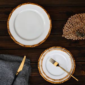 <span class=keywords><strong>Assiettes</strong></span> à dîner <span class=keywords><strong>en</strong></span> céramique de style rétro avec bord <span class=keywords><strong>en</strong></span> <span class=keywords><strong>bambou</strong></span>, <span class=keywords><strong>en</strong></span> porcelaine blanche, ensembles d'<span class=keywords><strong>assiettes</strong></span> et de bols pour mariage, vaisselle végétarienne - Product Image 1