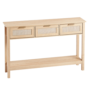 Rattan Console Table With 3 Storage Drawers Natural Rattan Sliding <b>Door</b> Entryway Sofa Table - Product Image 1