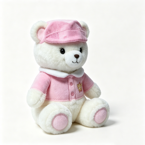 Customized Embroidered bear design on pink top,Soft fuzzy teddy bear with pink accents,Sitting pose dressed teddy bear plush - Product Image 4