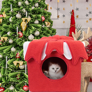 Christmas Cat House Square Soft Pet Bed With Warm Fleece For Indoor Cats Winter Gift - Product Image 1