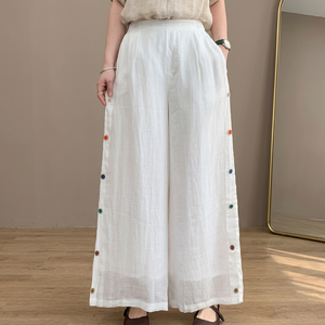 Pantalon palazzo blanc taille haute à jambes larges pour femme |   Pantalon décontracté ample en coton et lin avec boutons sur le côté - Product Image 1