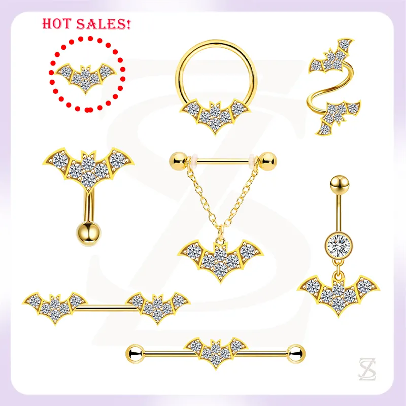 Fashion Piercings Set Stainless Steel Earring Bat Shape White Zircon 18K Gold Plated Nose Nipple Belly Button Ring Piercing Sets