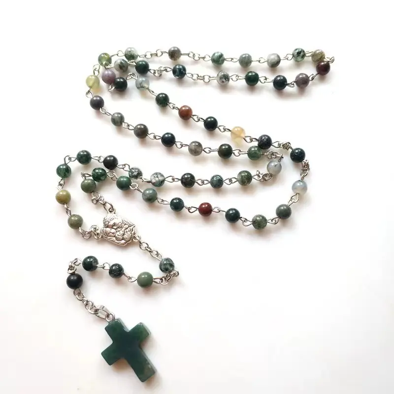 Strip hijau giok manik-manik terbaru Katolik, tasbih upacara penyembuhan rosario dengan Pusat paduan dan salib batu