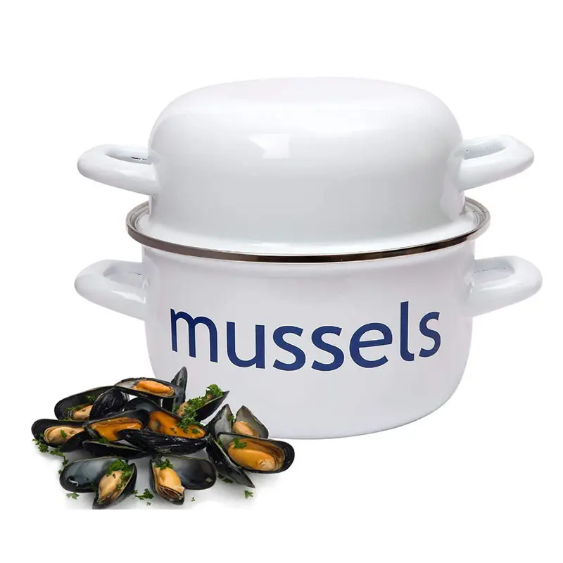 14cm 20cm white home dinnerware custom logo printed kitchen Induction Safe enamel shellfish mussel pot with lid