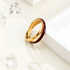 Anello in Acciaio Inossidabile Placcato Oro 18K PVD, Smalto <span class=keywords><strong>Rosso</strong></span> <span class=keywords><strong>Vino</strong></span>, Doppio Strato, Gioielli Minimalisti alla Moda per Donne - Product Image 4