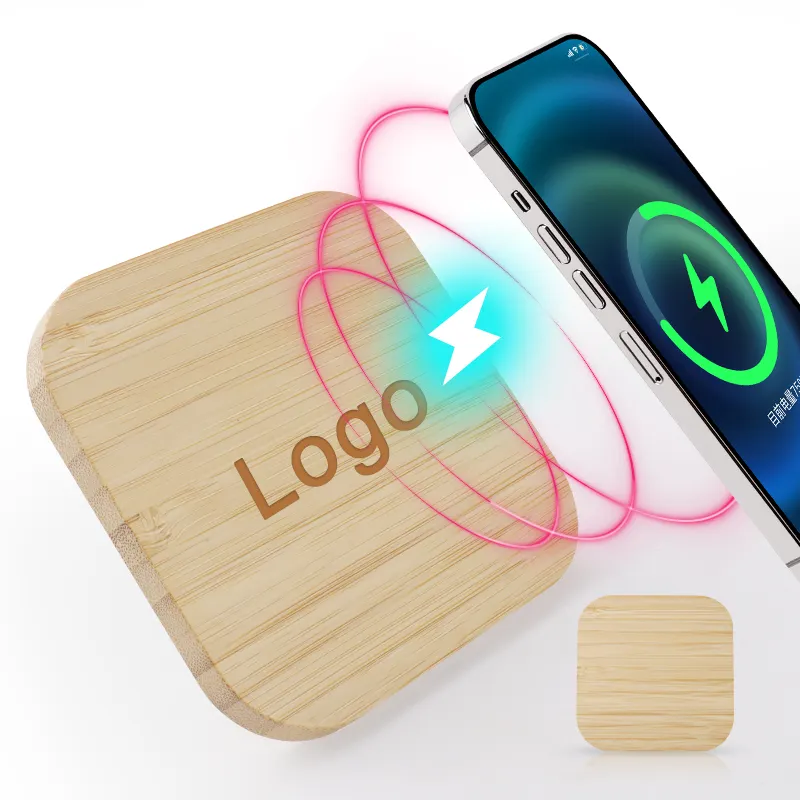 Bamboo Wireless Charger Adapter Qi 5W 10W 15W Square Bamboo Wooden Fast Charging Wireless Charger Pad