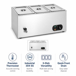 Commercial Three Pan Electric Soup Warmer Bain Marie 1.5kW for Buffet Restaurants Hotels Catering and Food Service Dealers - Product Image 3